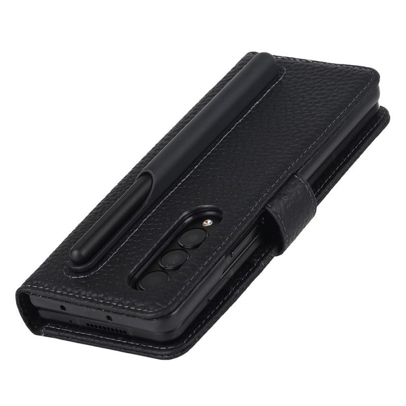 Flip Case Samsung Galaxy Z Fold 3 5G Aito Litchi-nahkainen Kynäpidike