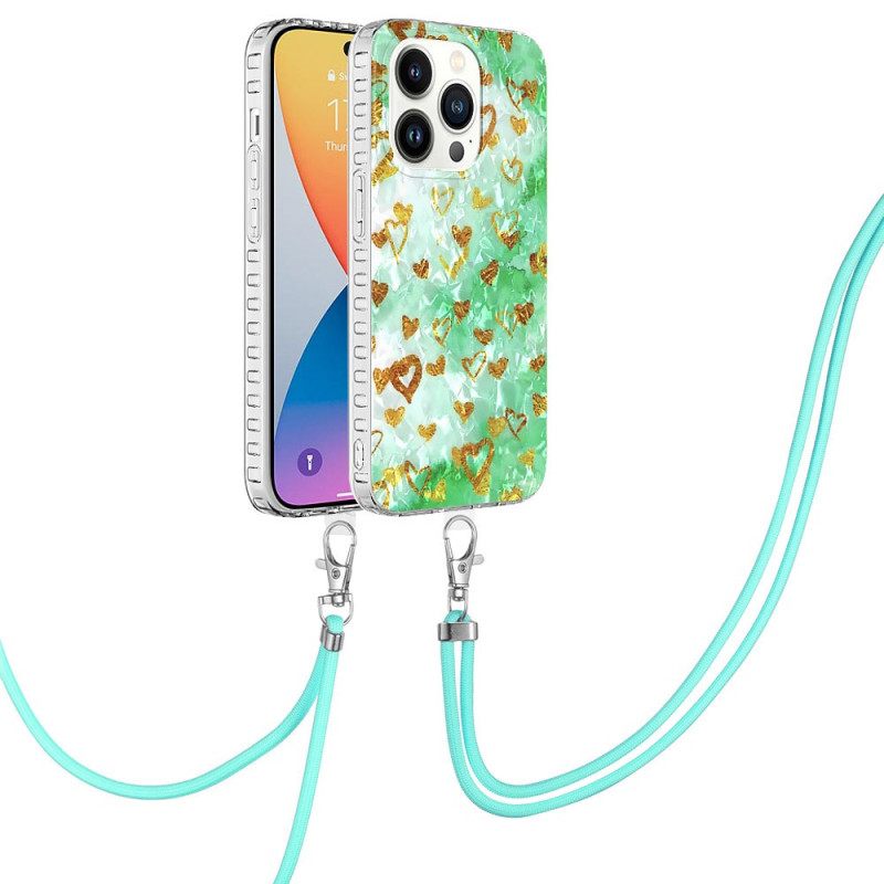 Kuori iPhone 14 Pro Kiristysnyörillä Stylish Hearts Vetonauhaan