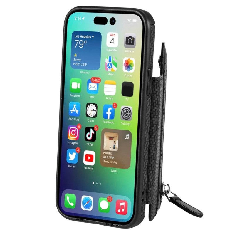 Kuori iPhone 14 Pro Lompakkokotelo Carbon Fiber Lompakko Ja Teline