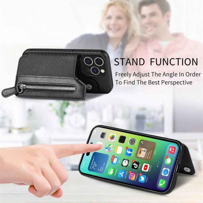 Kuori iPhone 14 Pro Lompakkokotelo Carbon Fiber Lompakko Ja Teline