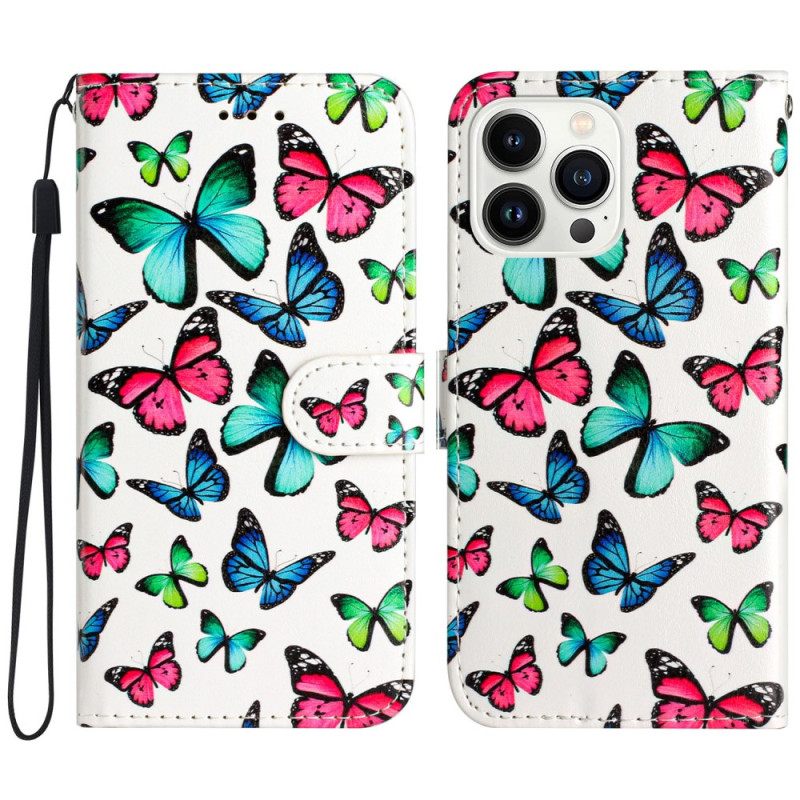 Kotelot iPhone 16 Pro Värikkäitä Perhosia Hihnalla Suojakuori