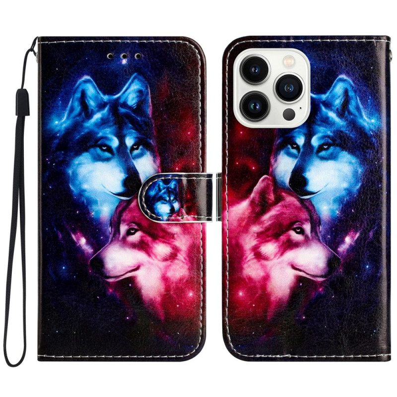Nahkakotelo iPhone 16 Pro Lanyard Wolves