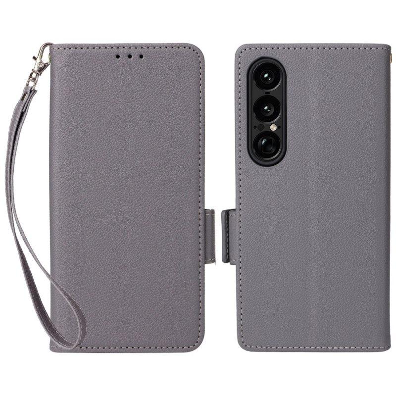 Nahkakotelo Sony Xperia 1 Vii Litsikuvio Hihnalla
