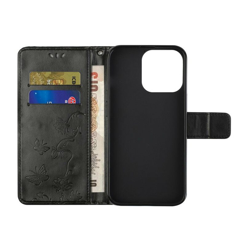 Kotelot iPhone 13 Pro Suojaketju Kuori Butterflies And Flowers Strap