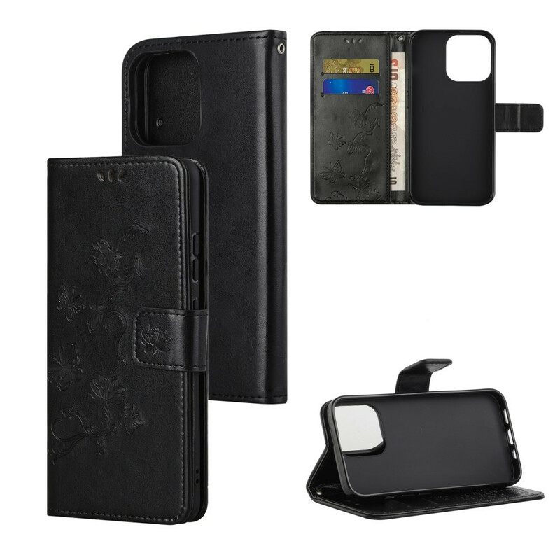 Kotelot iPhone 13 Pro Suojaketju Kuori Butterflies And Flowers Strap