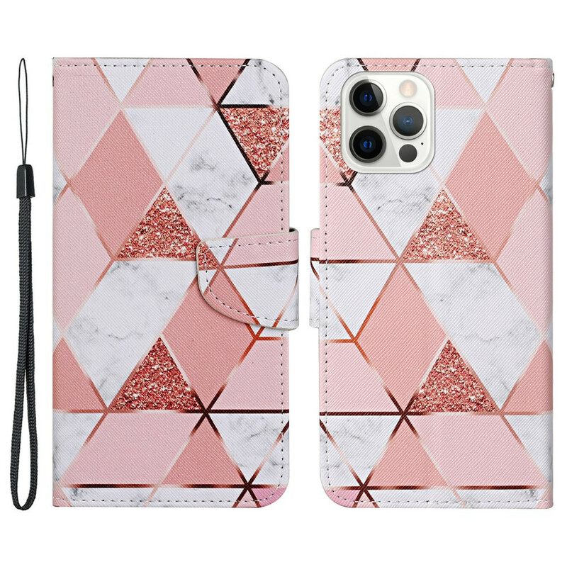 Nahkakotelo iPhone 13 Pro Marble Ja Paljetteja Kaulanauhalla