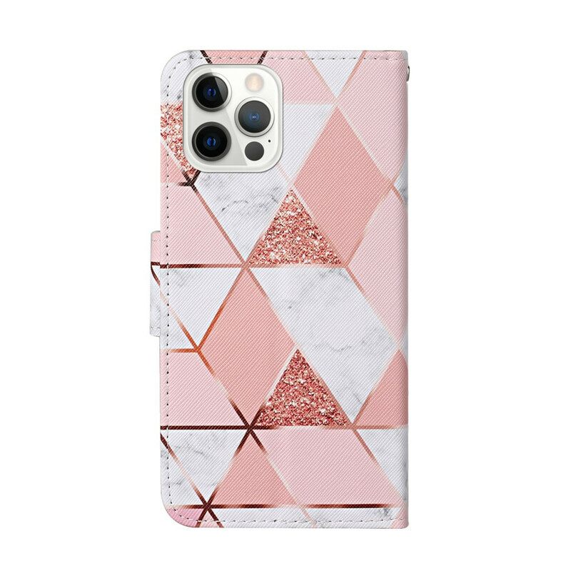 Nahkakotelo iPhone 13 Pro Marble Ja Paljetteja Kaulanauhalla