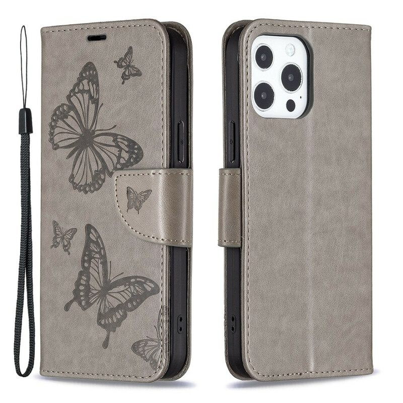 Nahkakotelo iPhone 13 Pro Suojaketju Kuori Butterflies Painettu Hihna