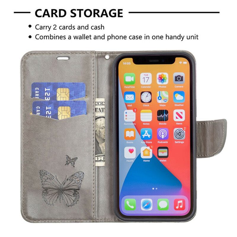 Nahkakotelo iPhone 13 Pro Suojaketju Kuori Butterflies Painettu Hihna