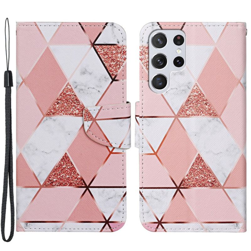Kotelot Samsung Galaxy S22 Ultra 5G Marble Ja Paljetteja Kaulanauhalla