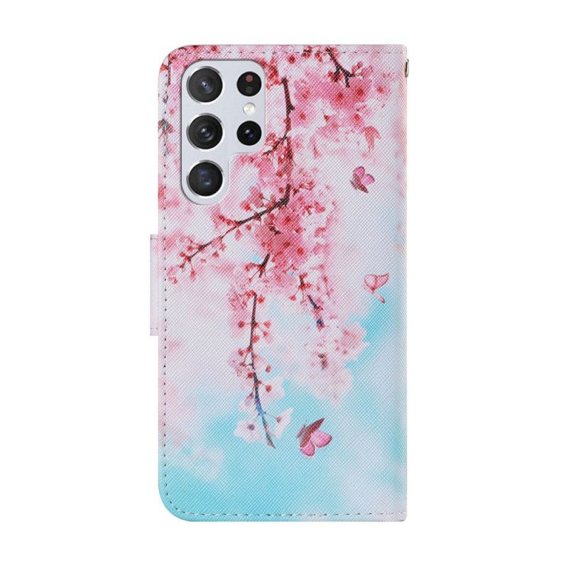 Kotelot Samsung Galaxy S22 Ultra 5G Suojaketju Kuori Red Branches Hihnalla