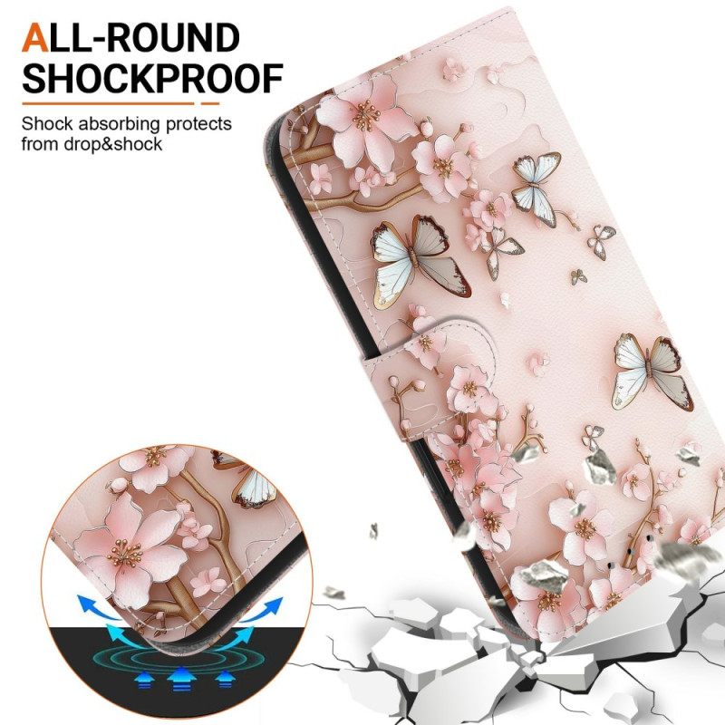 Nahkakotelo Xiaomi Redmi Note 15 5g Vaaleanpunaiset Perhoset