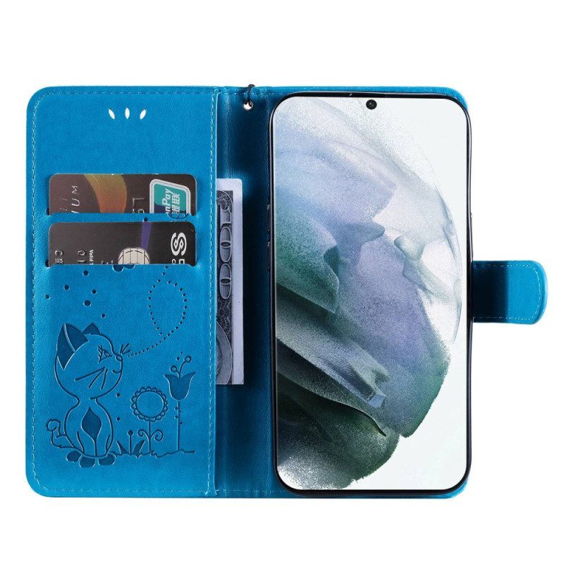 Flip Case Samsung Galaxy S23 Ultra 5G Suojaketju Kuori Strappy Kissa Ja Mehiläiset